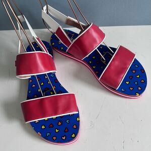 Love Moschino sandals size 7 IT 37 red strappy flats hearts slingback fisherman